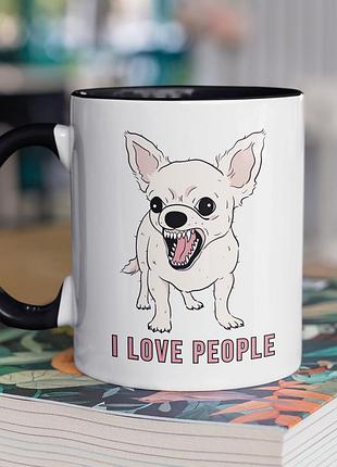 Чашка керамічна з принтом "i love people" 330 мл, біла з чорною ручкою
