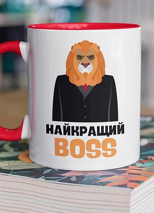 Чашка керамічна з принтом "найкращий boss" 330 мл, біла з червоною ручкою