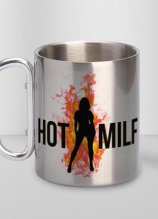 Чашка металева з принтом "hot milf" 300 мл з карабіном, срібляста