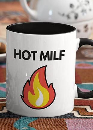 Чашка керамічна з принтом "hot milf" 330 мл, біла з чорною ручкою