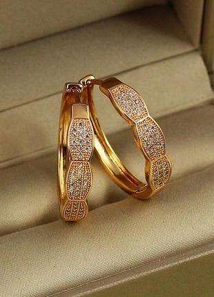 Сережки кільця хuping jewelry фігурні колечки з каменями 2,5 см золотисті