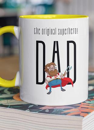 Чашка керамическая с принтом "dad" 330 мл, белая с желтой ручкой