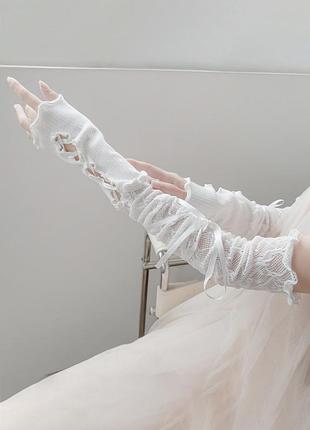Мереживні мітенки зі шнурками білі one size 6386 мітенки ажурні зі стрічками вище ліктя