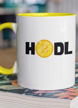 Чашка керамическая с принтом "hodl" 330 мл, белая с желтой ручкой