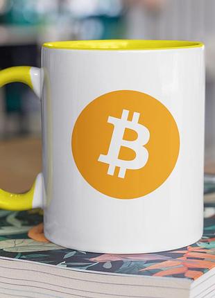 Чашка керамическая с принтом "bitcoin" 330 мл, белая с желтой ручкой