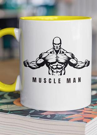 Чашка керамическая с принтом "muscle man" 330 мл, белая с желтой ручкой