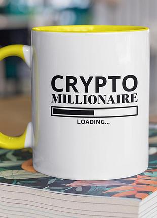 Чашка керамическая с принтом "crypto millionaire" 330 мл, белая с желтой ручкой
