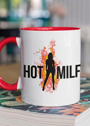 Чашка керамічна з принтом "hot milf" 330 мл, біла з червоною ручкою