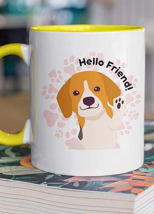 Чашка керамічна з принтом "hello friend" 330 мл, біла з жовтою ручкою