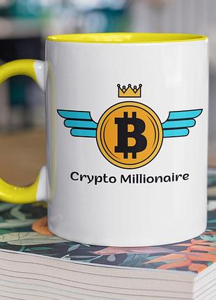 Чашка керамическая с принтом "crypto millionaire" 330 мл, белая с желтой ручкой