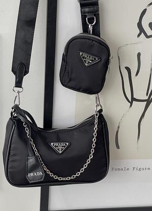 Сумочка женская prada черный нейлон 2 в 1 прада классический 2в1 через плечо