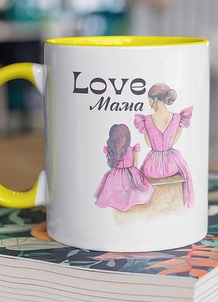 Чашка керамическая с принтом "love мама" 330 мл, белая с желтой ручкой