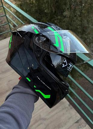 Мото шолом модуляр (трансформер) orlvs helmets зелений, прозорий візер з окулярами l + подарунки: балаклава, чохол