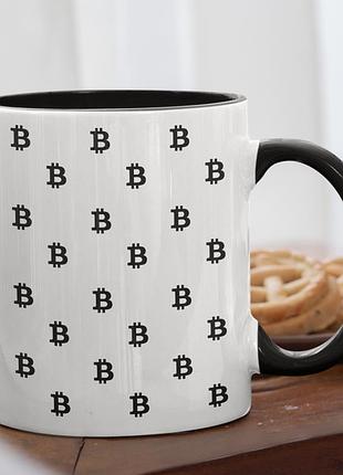 Чашка керамічна з принтом "bitcoin" 330 мл, біла з чорною ручкою