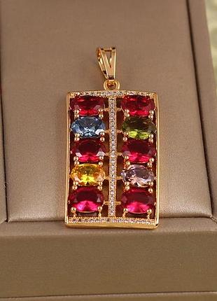 Кулон xuping jewelry прямоугольник цветные камни в два ряда 3,2 см золотистый