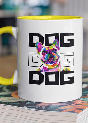 Чашка керамічна з принтом "dog" 330 мл, біла з жовтою ручкою
