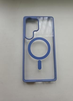 Чехол для samsung s25 ultra прозрачный с голубым и магнитом