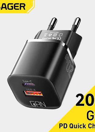 Блок питания 20w essager gan qc 3.0 pd 3.0 usb a + type c 2в1 быстрая зарядка универсальная 20вт