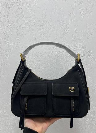 💎 pinko suede cargo shoulder bag black/gold 28 х 14 х 10 см
