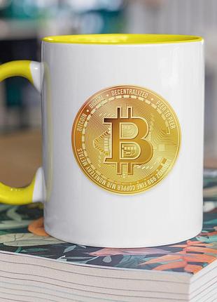 Чашка керамическая с принтом "bitcoin" 330 мл, белая с желтой ручкой