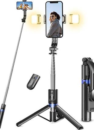 Штатив-тренога и селфи-палка 2-в-1 без бренду с 2 led лампами (114 см), bluetooth пульт, черный