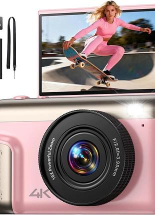 Дитяча цифрова 4k камера для відеоблогів без бренду (64 мп, відкидний екран), рожева