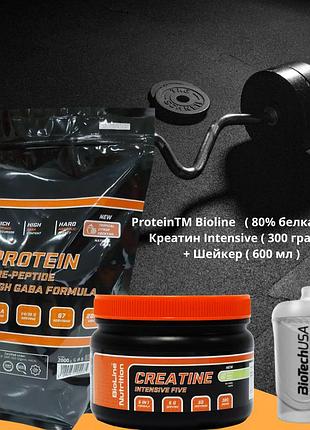 Protein сироватковий 80% білка + gaba (2 кг) + кратин intensive (0,3 кг) + шейкер (600 мл.) tm bioline