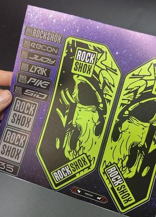 Салатовые матовые наклейки на вилку перья рокшок рок шок rock shox велосипеда череп черепа лирик джуди сид рекон пайк