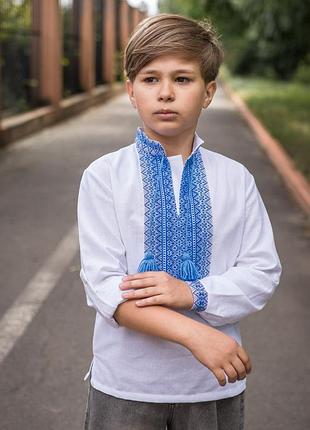 Вышиванка для мальчика 6–13 лет, лен,рукав трансформер, ,128, белый с синим
