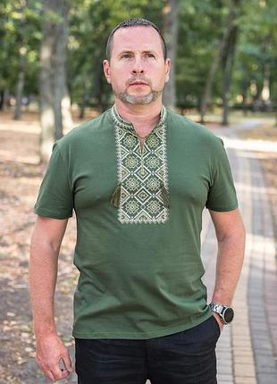 Чоловіча футболка-вишиванка kosar с натуральною вишивкою, бавовна,xxl,хакі