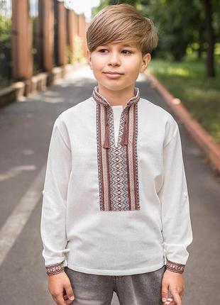 Вышиванка для мальчика 6–13 лет, лен,рукав трансформер, ,134, белый с коричневым