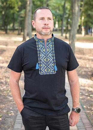Мужская футболка-вышиванка тёмно-синяя с жёлто-синей вышивкой, kosar ,l,темно-синий