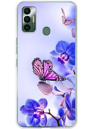 Чехол силиконовый с картинкой на tecno spark 7 (цветок, бабочка на орхидее)