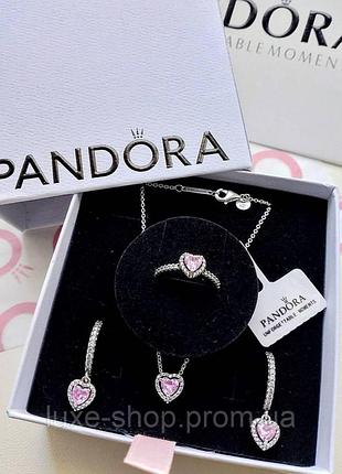 Набір прикрас пандора: кольє, сережки конго та каблучка "рожеве серце" pandora, щирі почуття, набор, кільце