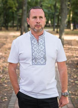 Чоловіча футболка-вишиванка kosar с натуральною вишивкою, бавовна,4xl,білий з сірим