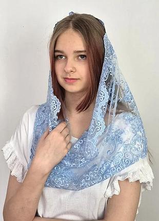 Шарф мереживний снуд венчальний на хрестини блакитний