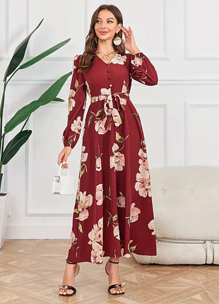 Сукня довга shein eur 38 р. uk 10 р. бордова в квітковий принт/трапеція/довгий рукав/максі