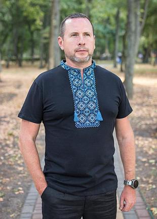 Чоловіча футболка-вишиванка kosar з натуральною вишивкою, бавовна, s, чорний із синім