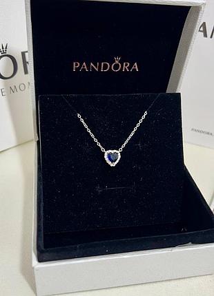 Жіноче срібне намисто цепочка з кулоном підвіска пандора pandora синє серце срібло 925 ale