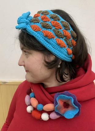 Чільце бірюзове або горжетка, гачкування, оригінальний обʼємний візерунок «мушлі»