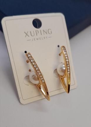 Сережки стріли з перлиною xuping 18k, 2,7см/3 мм.