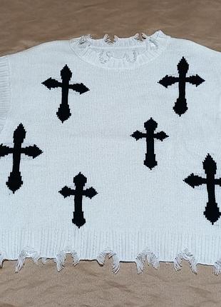 Кофта унисекс, безрукавка с рваными краями distressed с крестами 🖤🤍