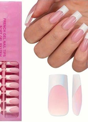 Гелевые типсы для наращивания soft gel с французским маникюром глянцевые квадрат l 150 шт розовые с белым френ
