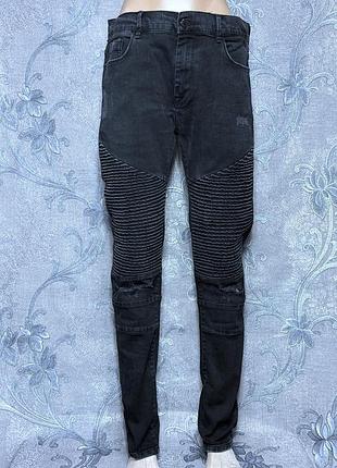 Джинсы мужские zara man biker denim размер 50 (usa32) черные с декоративными рваными деталями и байкерскими швами