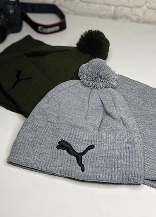 Мужская шапка и бафф puma утепленная флисом зимняя шапка с бубоном плотная теплая снуд на флисе мужские шапки и снуд серый