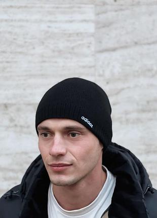 Мужская зимняя шапка adidas 52-62 утепленная флисом черная синяя теплая классическая с вышивкой мужские шапки на флисе черный