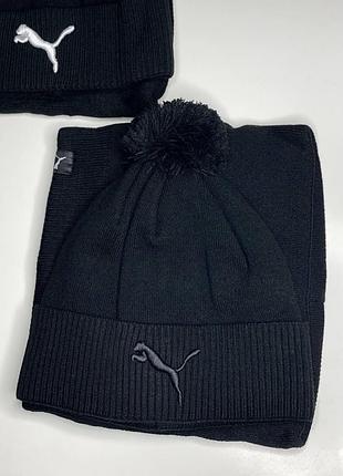 Чоловіча шапка та снуд puma з начосом із бубоном зимова шапка щільна тепла баф на флісі зимові чоловічі шапки пума чорний