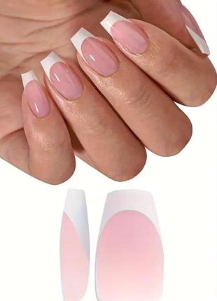 Гелеві тіпси для нарощування з французьким манікюром soft gel матові балерина м 150 шт рожеві з білим френчем (112)