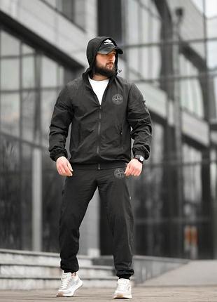 Костюм спортивний чоловічий з плащівки чорний stone island total black! хіт!