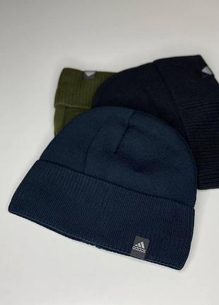 Чоловіча шапка adidas на флісе подвійна тепла з закотом класична чоловічі зимові шапки синій